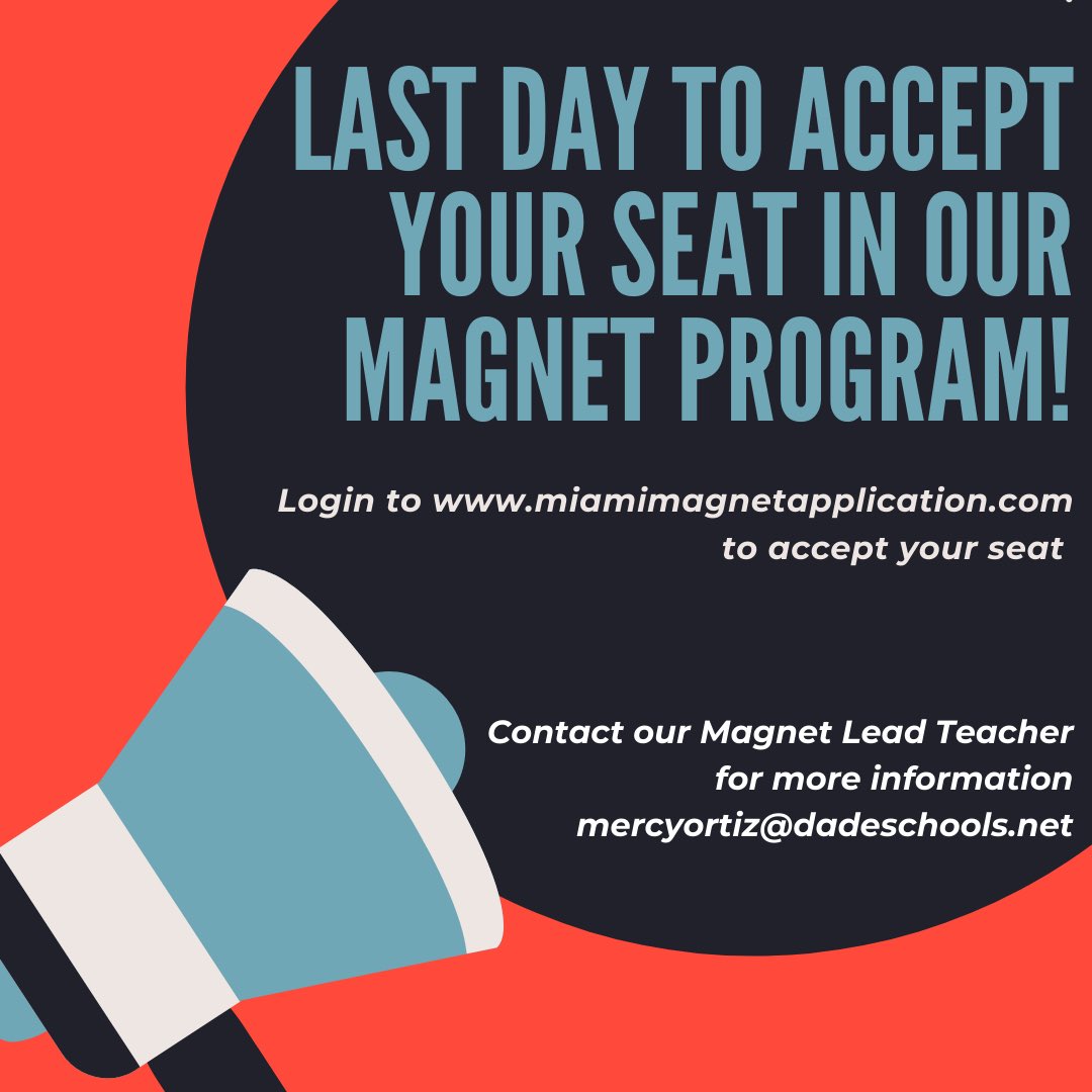 SpartanMagnet's tweet image. Don’t miss out! Today is the last day to accept your seat in one of our premiere Magnet Programs! Make sure to accept at: miamimagnetapplication.com or contact mercyortiz@dadeschools.net #APCapstone
#BusinessInnovation 
#CodingAppDevelopment
#GamingDesignAnimation
#CriminalJustice