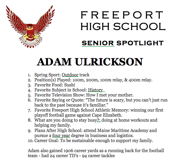 FreeportFalcons's tweet photo. Congrats to Freeport's Adam Ulrickson - thank you for your senior leadership. Good luck at Maine Maritime Academy https://t.co/BHCj53vzwY