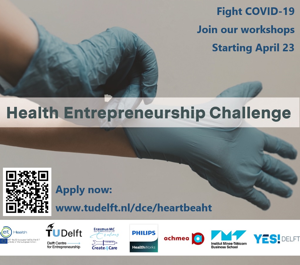 Virtual Health E-Lab -Heartbeaht, start April 23
<a href="/EITHealth_nl/">EIT Health Belgium-Netherlands</a> <a href="/DelftDce/">Delft Centre for Entrepreneurship (DCE)</a>, <a href="/ErasmusMC/">Erasmus MC</a> #create4care, <a href="/YESDelft/">YES!Delft</a>, <a href="/IMTFrance/">Institut Mines-Télécom (IMT)</a>, <a href="/achmea/">Achmea</a> and Philips organize workshops to develop immediate hands-on solutions to fight covid19.
Interested? apply bit.ly/3ch6Me9