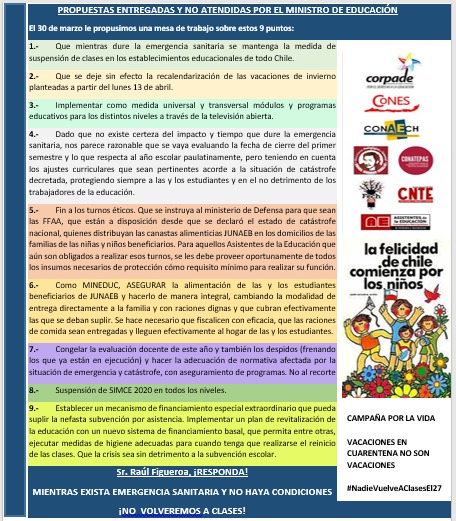 aaeeconaech's tweet photo. Ministro sigue implementando medidas sin considerar opinión de los actores de educación. Aquí resumen de propuestas  enviadas el 30 de marzo, sin recibir a la fecha respuesta alguna. https://t.co/uGgiWVQviG