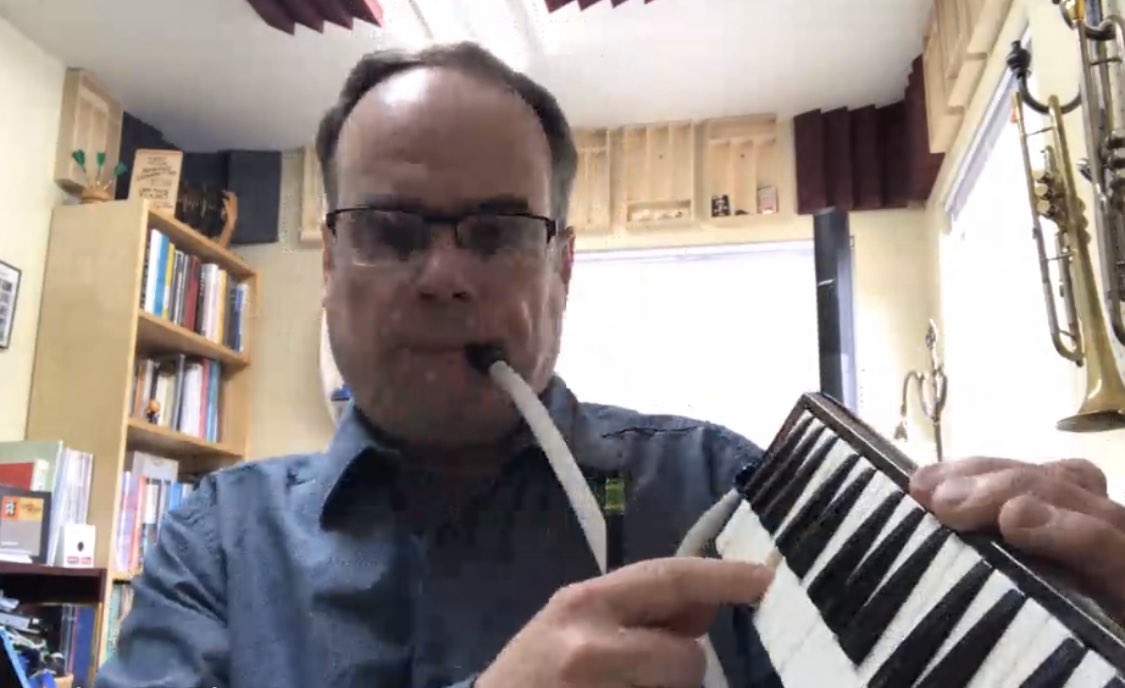 Remote learning is well underway! Here is Mr.Chapman teaching intervals to his online class with his handy melodica! #ECSDFaithinspires #ABLearningatHome #ibelieveinCatholicEd