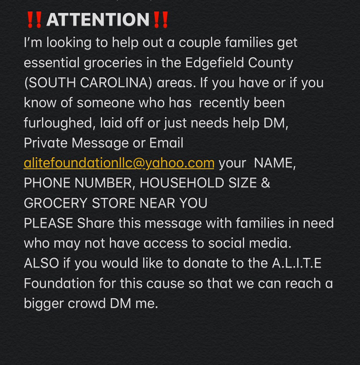 Please share if you are in the Edgefield County Area.. Help the ALITE FOUNDATION give back to our community!
#HUMBLEDandBLESSED #DISCIPLINEDandSACRIFICED