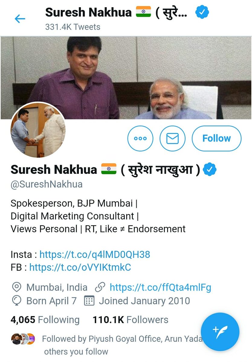 5. BJP Mumbai Spokesperson in bio, tweeted many times.Followed by Narendra Modi.
