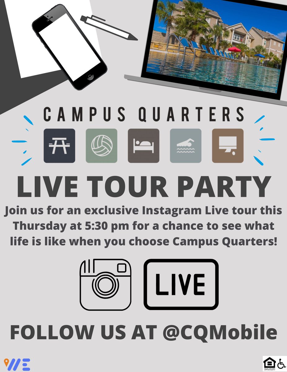 Join us this Thursday at 5:30pm for our Instagram Live Tour Party hosted by Zack &amp; Mike! 🎈 🎉 🤳 #IGTV #InsagramLive #CampusQuarters #StudentHousing #LoveWhereYouLive #FullyFurnished #wearesouth #southalabamajaguars
