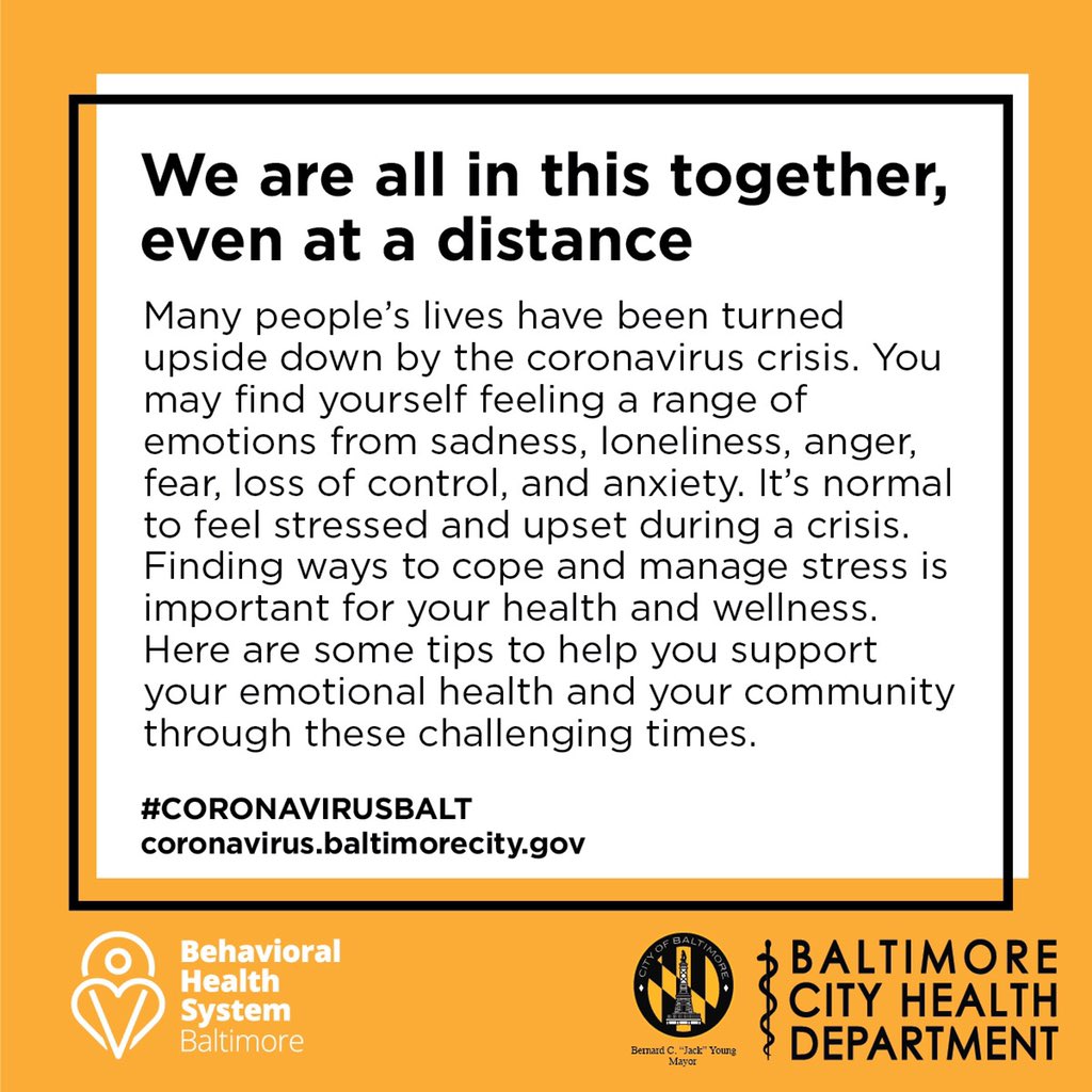 BaltCityHall's tweet photo. As we continue to navigate our way through #COVID19, you may be feeling a range of emotions. Here are some useful tips to help support your emotional health during these challenging times. #coronavirusbalt https://t.co/747qwKWxE5