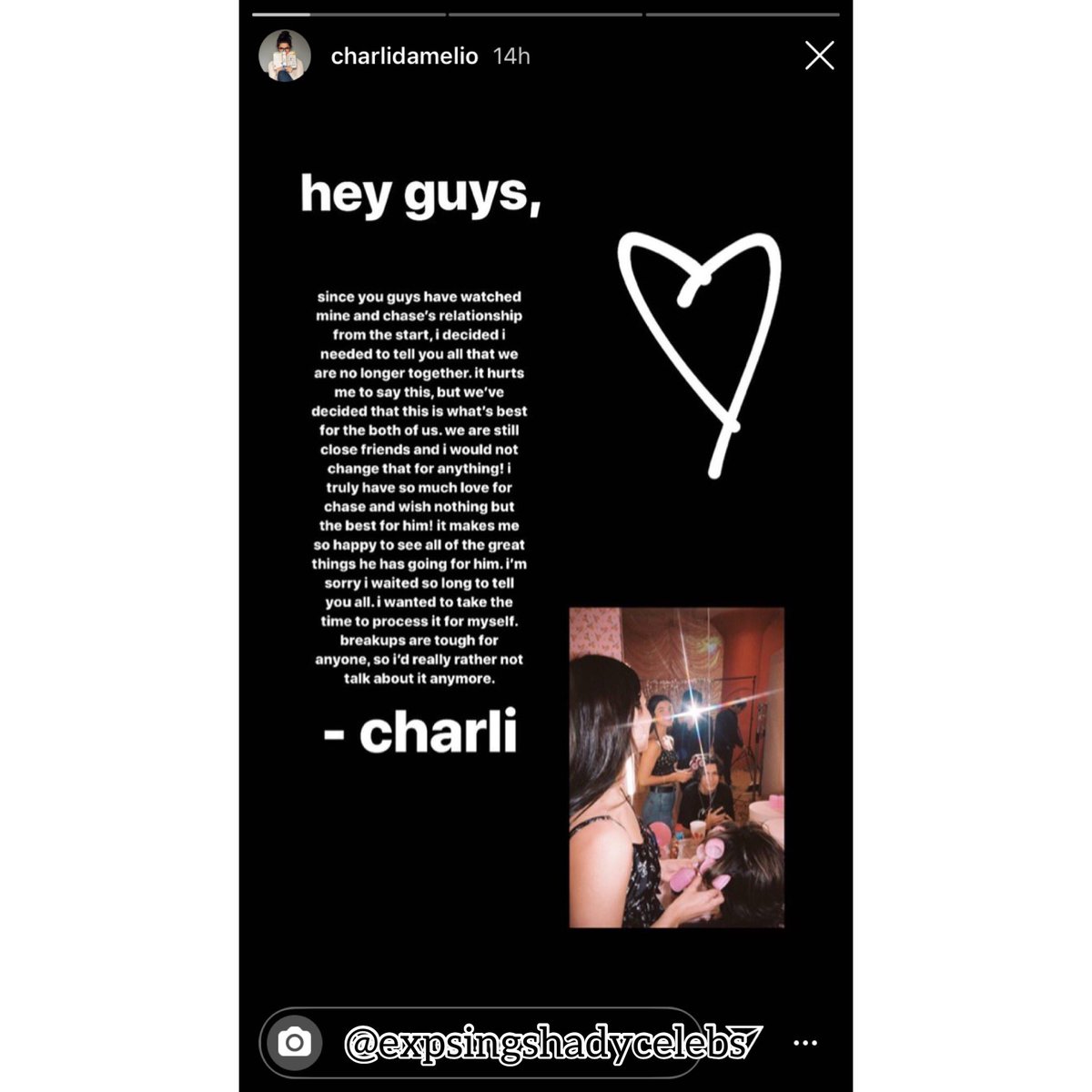 Charli D’amelio and Chase Hudson (Lil Huddy) both took to their Instagram stories to announce their breakup