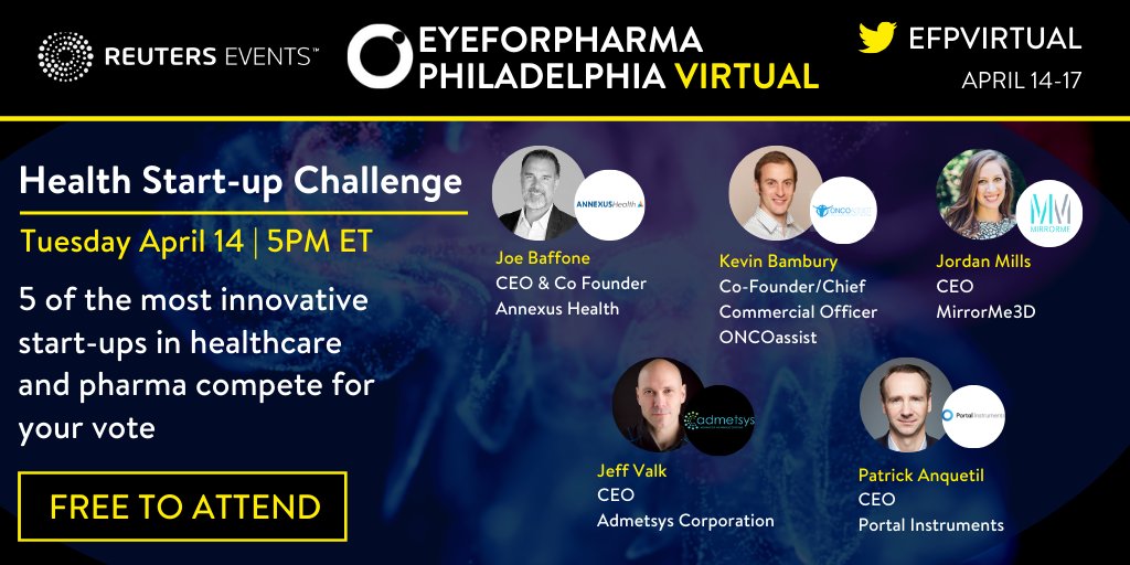 Reuters Events Pharma (@re_pharma) on Twitter photo The Health Start-Up Challenge returns! Watch Joe Buffone <a href="/annexushealth/">Annexus Health</a>, Kevin Bambury <a href="/ONCOassist/">ONCOassist® | The go-to oncology app</a>, <a href="/jordanlmills/">Jordan Mills</a> <a href="/mirrorme3d/">MirrorMe3D</a>, Jeff Valk <a href="/admetsys/">Admetsys</a> & <a href="/patanq/">Patrick Anquetil</a> <a href="/portalcambridge/">Portal Instruments</a> deliver their pitches. YOU decide who wins, vote here: bit.ly/2xlG0To #efpvirtual The Health Start-Up Challenge returns! Watch Joe Buffone <a href="/annexushealth/">Annexus Health</a>, Kevin Bambury <a href="/ONCOassist/">ONCOassist® | The go-to oncology app</a>, <a href="/jordanlmills/">Jordan Mills</a> <a href="/mirrorme3d/">MirrorMe3D</a>, Jeff Valk <a href="/admetsys/">Admetsys</a> & <a href="/patanq/">Patrick Anquetil</a> <a href="/portalcambridge/">Portal Instruments</a> deliver their pitches. YOU decide who wins, vote here: bit.ly/2xlG0To #efpvirtual