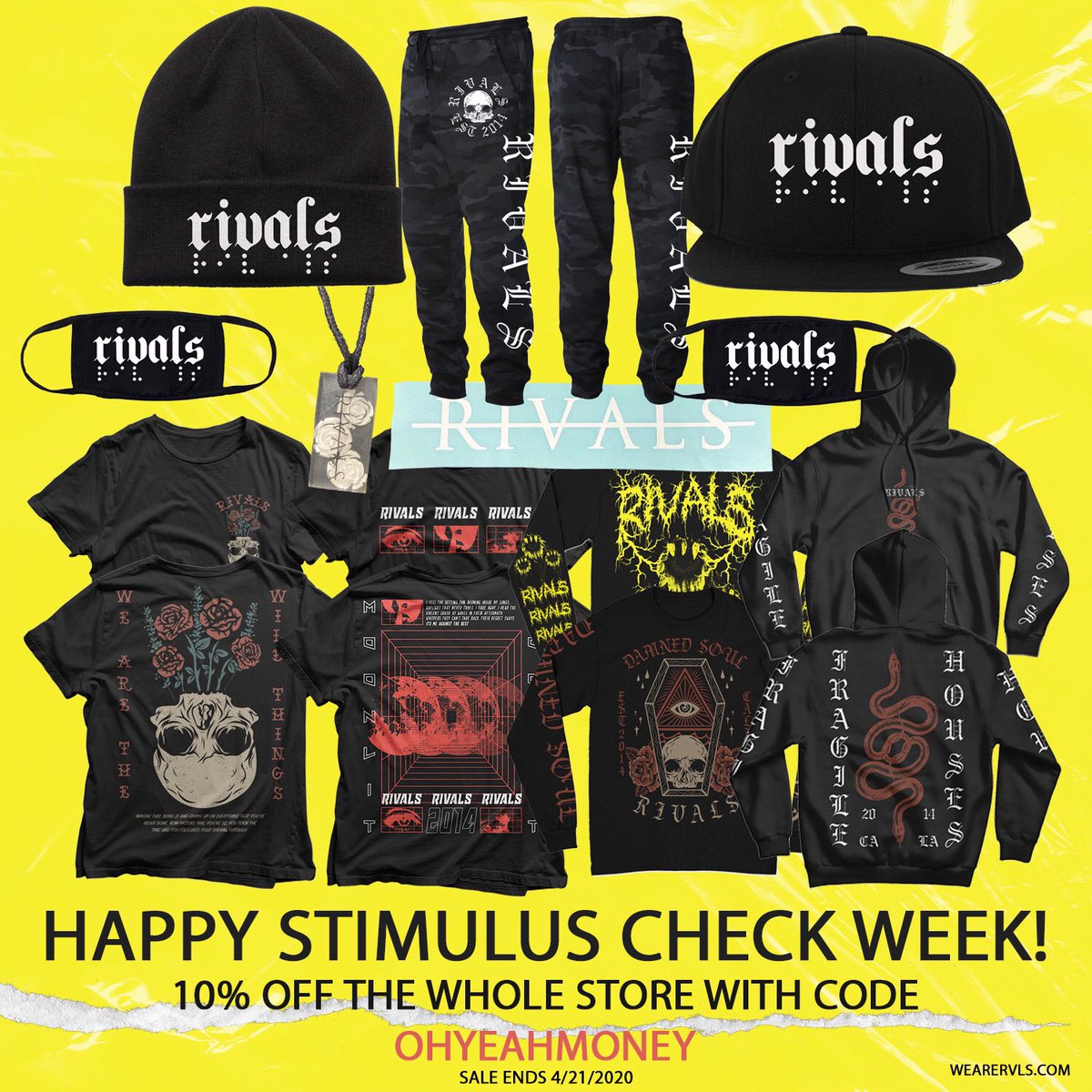 oh yeah were doing it, 10% off everything on our site, including the new hats / masks as well as the sale items.

Be like us, irresponsible and spend your government money on merch. 👍

use code OHYEAHMONEY

wearervls.com