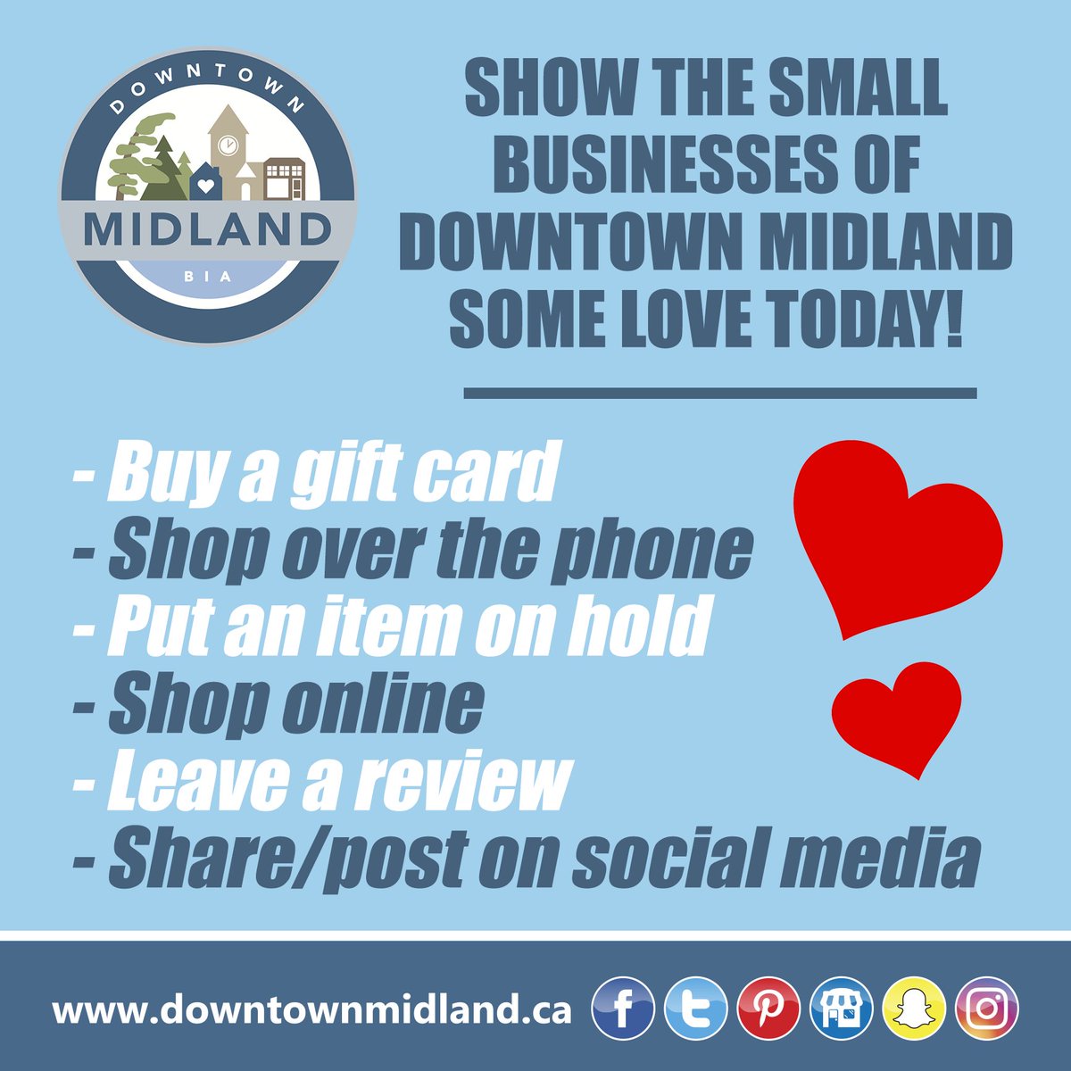Spread some love ❤️ today and choose to support the local businesses of Downtown Midland!

SHOP ONLINE &amp; BUY E-GIFT CARDS: downtownmidland.ca/shoponline

DIRECTORY: downtownmidland.ca/directory

LIST OF ESSENTIAL BUSINESSES OPERATING: shopmidland.com/tools/files/10…

#DowntownMidlandON