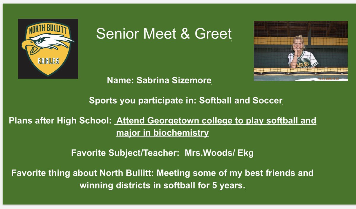 NBathletics1's tweet photo. Up next in our Meet and Greet series is Sabrina Sizemore! #EaglePride #2020 https://t.co/iQzOjwEUVk