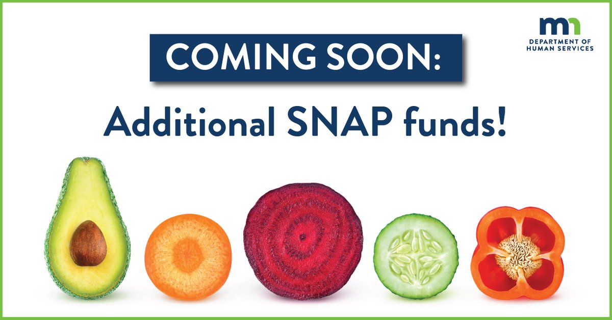 Good news! Some Minnesotans on #SNAP will soon get more help paying their grocery bills. Those not receiving the maximum SNAP benefit amount based on their household size will begin receiving additional funds. It will arrive automatically - so you don’t need to do anything extra!