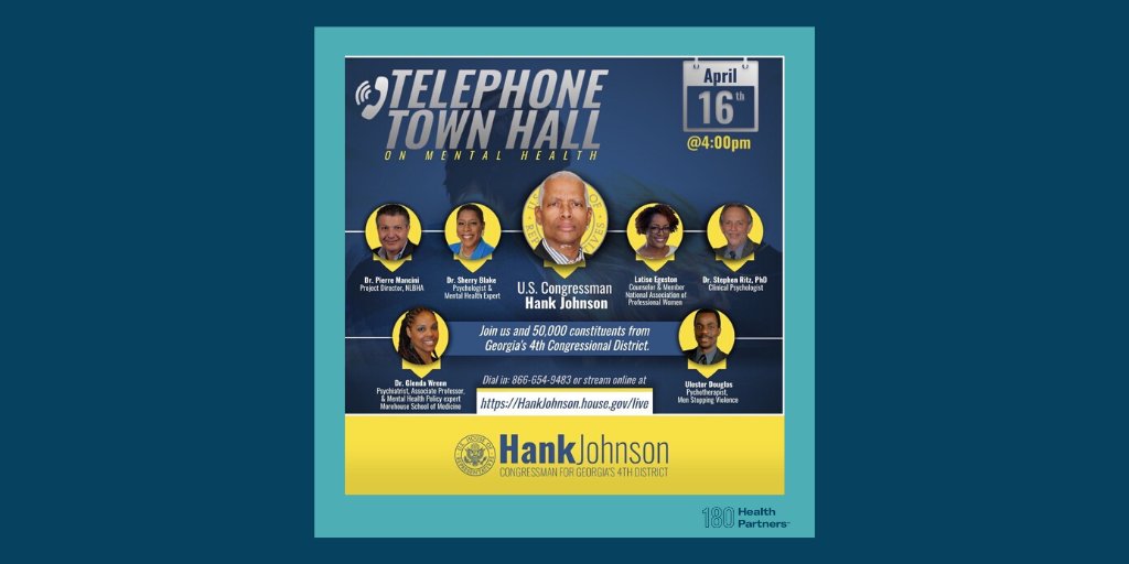 180 Health Partners' Chief Medical Officer, @glendawrenn, will be lending her expertise in mental health &amp; policy to a Town Hall discussion on April 16, at 4PM EST. Hosted by Georgia Congressman, Hank Johnson, <a href="/LanningHlthcare/">Justin Lanning</a>  <a href="/rebeccawmunn/">Rebecca Whitehead Munn</a> #mentalhealthawareness #mentalhealth