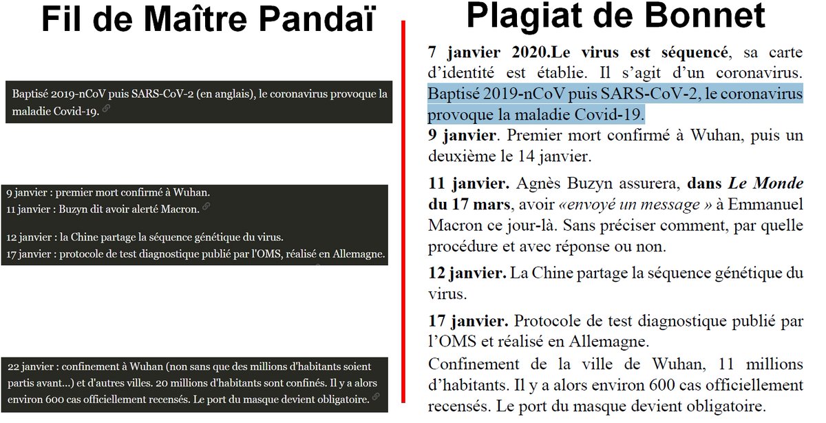 5. Si vous avez la flemme de dérouler, voici quelques-uns des copier/coller les plus "bruts" (peu ou pas reformulés, et non réagencés). La preuve la plus flagrante est ici : https://twitter.com/Panda31808732/status/1249078835515138050