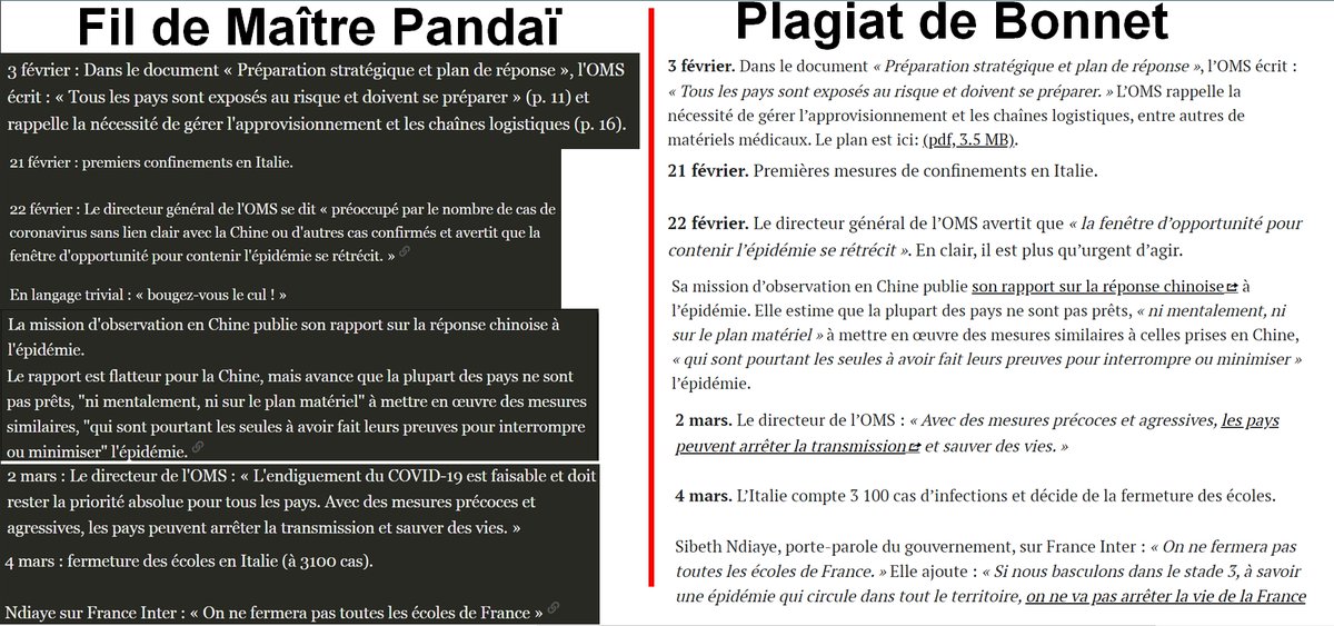 5. Si vous avez la flemme de dérouler, voici quelques-uns des copier/coller les plus "bruts" (peu ou pas reformulés, et non réagencés). La preuve la plus flagrante est ici : https://twitter.com/Panda31808732/status/1249078835515138050