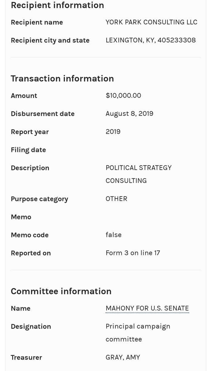 The only other entity to disclose a payment to York Park was US Congressional candidate Josh Mahony—whose campaign treasurer is Parkhomenko's friend Amy Gray.The Mahony campaign also appears to be the only other entity that paid disbursements to her as well.