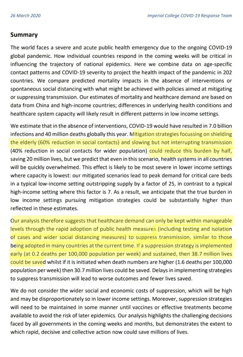 Imperial's study makes projections based on demographics & income status. It accounts for 2 broad ways of tackling COVID-19, 1) mitigation, which is basically JUST social distancing, & 2) suppression, which means a more serious approach like public health measures & lockdown. 2/N