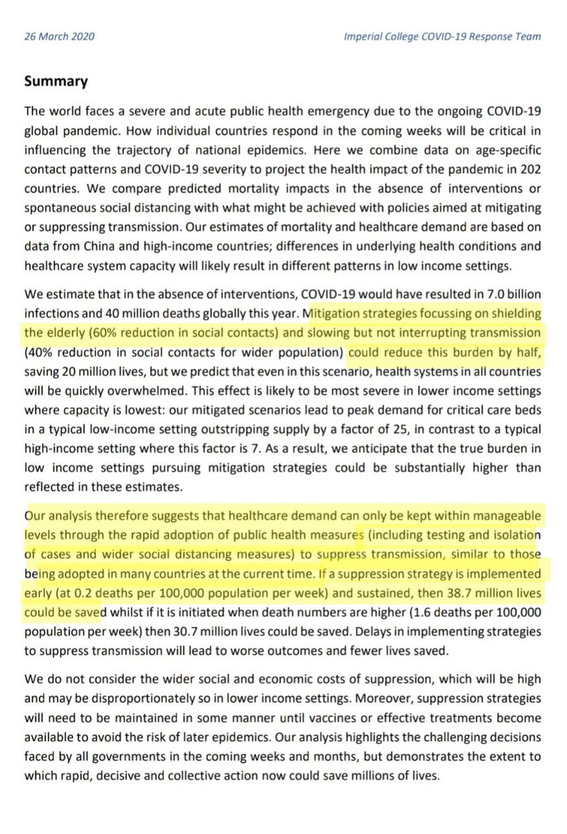Imperial& #39;s study makes projections based on demographics & income status. It accounts for 2 broad ways of tackling COVID-19, 1) mitigation, which is basically JUST social distancing, & 2) suppression, which means a more serious approach like public health measures & lockdown. 2/N