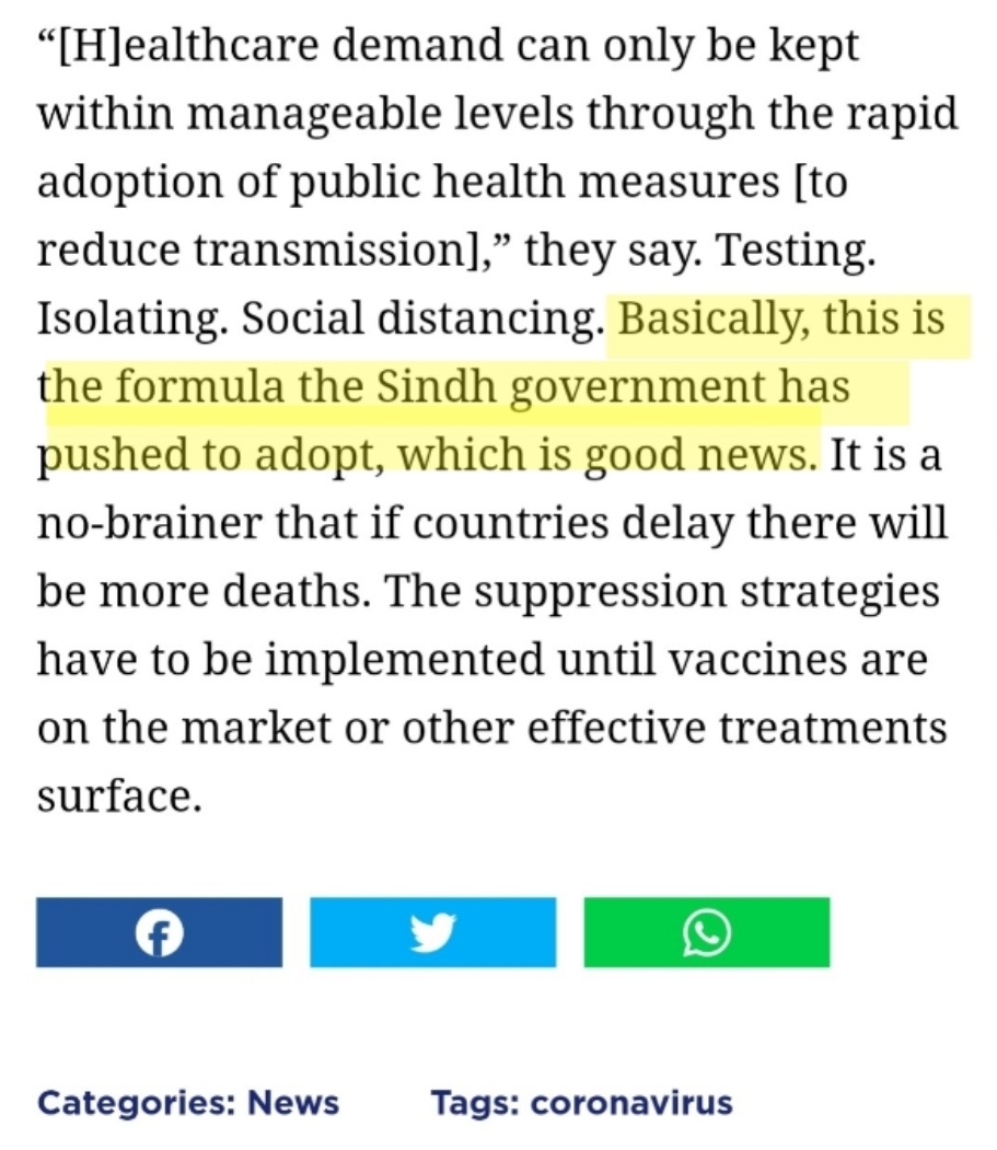 But the most interesting bit is that in conclusion,  @masroorhussnain remarks the recommendations of the study are what Sindh govt has "pushed to adopt" so it's all good. "Testing. Isolating. Social distancing." is what all provinces are doing. Why mention Sindh like this? 8/N
