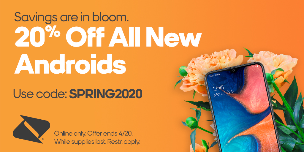boostmobile's tweet image. 🌷 A deal that’ll grow on you.🌷 Get 20% off all new Androids when you use code: SPRING2020. boost.co/2RCQkNr

Shop now! Offer ends 4/20.