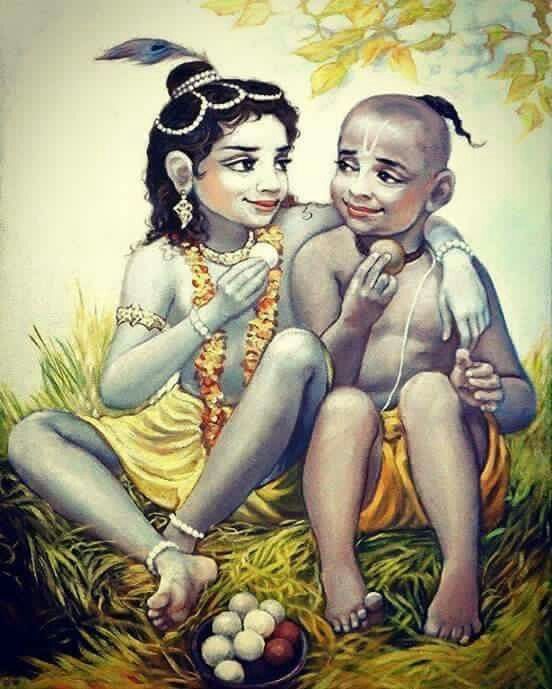 his friend Sudama. He ran towards the gates of his palace for a childhood friend, though years and fortune separated them. The simple gift of beaten rice brought by a beloved friend was more desirable for Krishna than anything else. Also, he was a friend in need when he was the