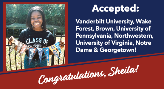sjcds's tweet photo. St. Johns is honored to congratulate Sheila Hodges on EIGHT college acceptances she recently received: Vanderbilt, Wake Forest, Brown, University of Pennsylvania, Northwestern, University of Virginia, Notre Dame &amp; Georgetown. Way to go, Sheila! #StJohnsSpartans https://t.co/WeTzGOu9H3