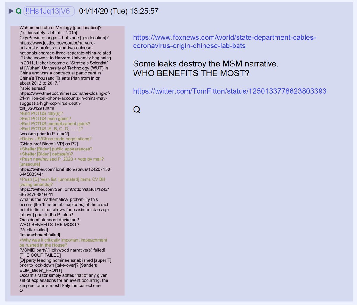62) Q posted a link to the above article and a link to a tweet by Tom Fitton.The screencap is a post where Q questioned the timing of events surrounding the impeachment of POTUS, the November election, and the coronavirus pandemic.