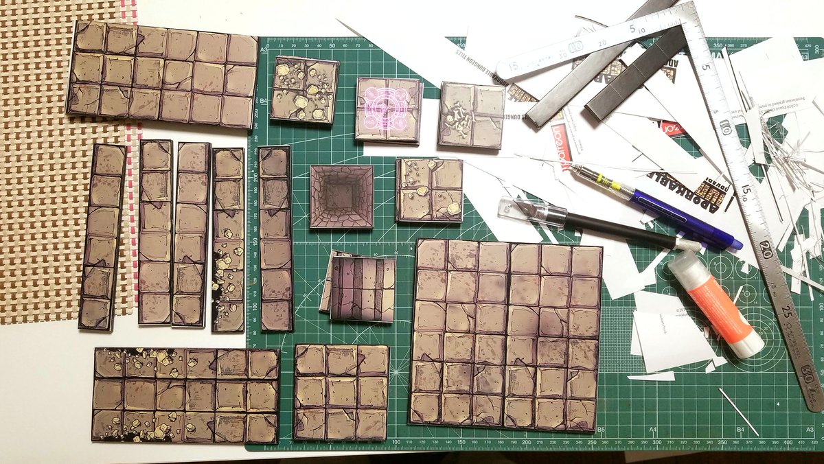 Right. I stuck all the Adorkable Dungeon Tiles into 5mm black foam board. Some of them got glued on a bit wonky, but overall those look pretty good.I'll ask my kid which people (Adorkable Dungeon Heroes) she wants cut out this afternoon.