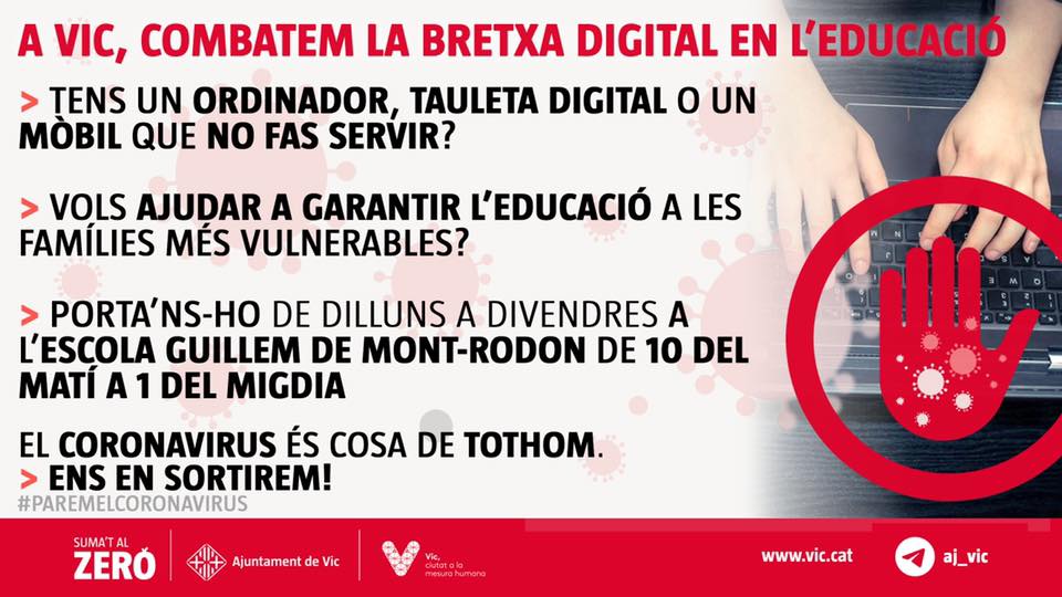 coVIC2020's tweet photo. ATENCIÓ! La Xarxa Solidària de Vic es posa a disposició de totes aquelles persones que per qüestions laborals/de cures/altres no puguin assistir al Guillem de Mont-Rodon en el cas que vulguin deixar material informàtic. Poseu-vos en contacte amb nosaltres per MD o per correu. https://t.co/aevQK0domL