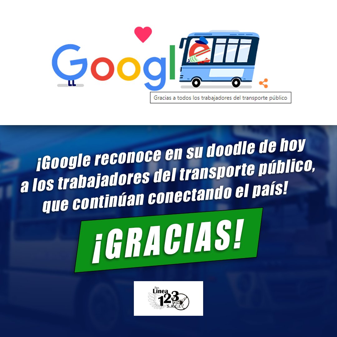 Hoy <a href="/Google/">Google</a> reconoce y saluda a través de su doodle del día (dibujo en el inicio del buscador) a todos los trabajadores del transporte público, que continúan día a día conectando el país 🚌

¡Muchas gracias! 😃

#transportepublico #linea123 #colectivos #bondi #argentina