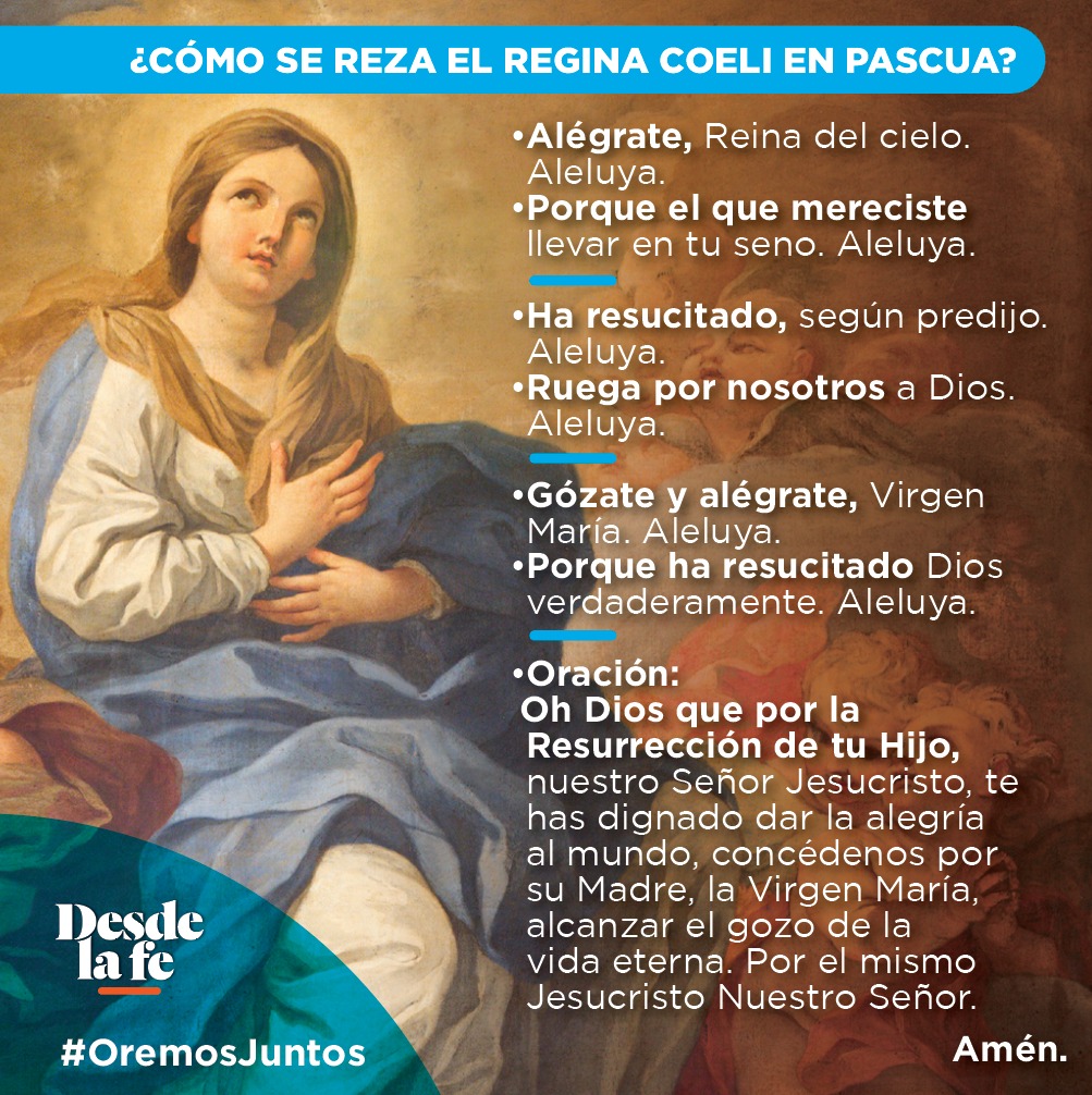 Desde la fe on X: "Te compartimos el rezo del Regina Coeli en español para  tiempo de Pascua. También lee: ¿Por qué rezamos el Regina Coeli en lugar  del Ángelus durante Pascua?