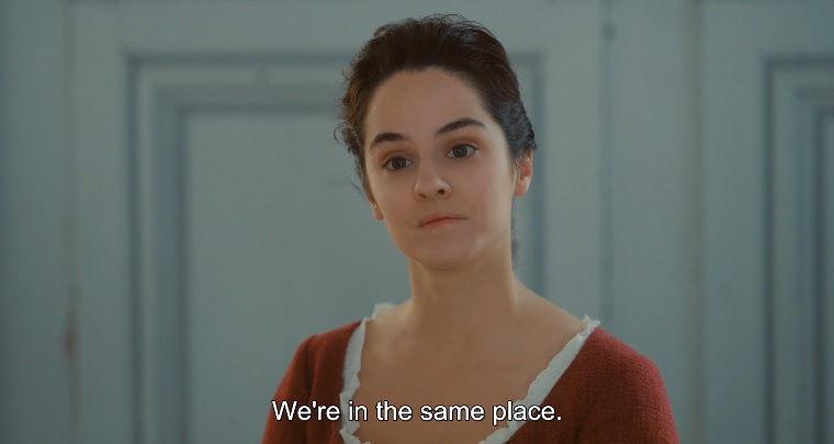 where both women are during most of their relationship: in between two periods of social conformity, in between their desire for each other and the unavoidable restrictive normality. The whole film plays on Marianne and Héloïse trading places as the artist and the lover.
