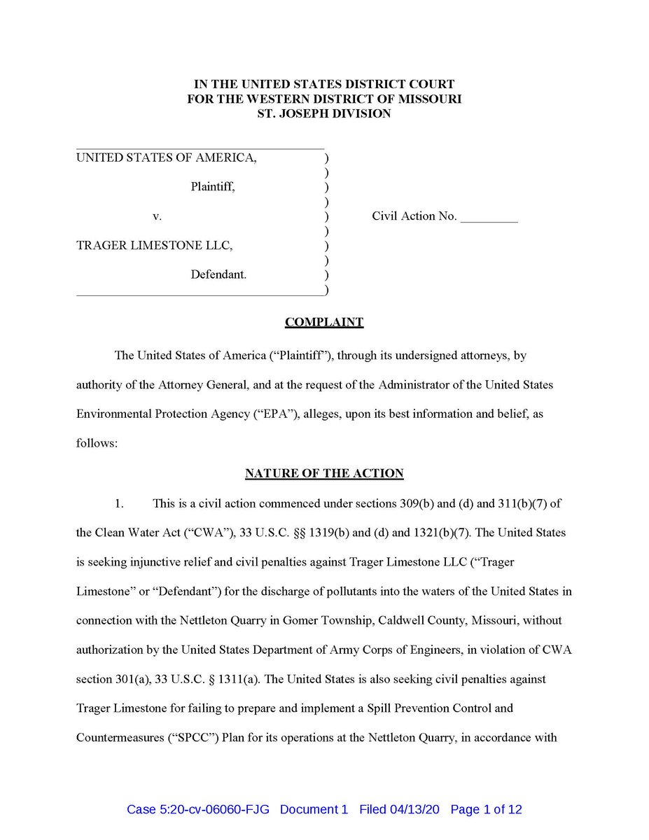 LTFL_Envl's tweet photo. US filed a #CleanWater Act Complaint against #TragerLimestone Co in the W.Dist. of MO, alleging discharges of “pollutants” into the waters of the U.S. &amp; failure to prepare and implement a #SPCC Plan. https://t.co/KiUf4EQ6Qg #cleanwateract #cleanwater #waterreuse https://t.co/moq8EC7lI4