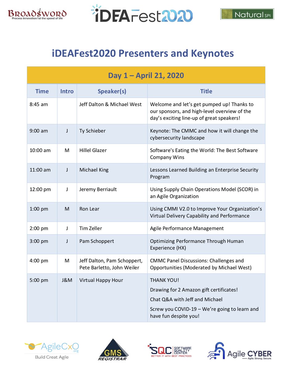 BroadswordSol's tweet image. Seven more days until IDEAFest2020!  Here&apos;s the amazing lineup of the best speakers on #CMMC #CMMI #agile and #orgexcellence from all the canceled conferences!  Ideas Can&apos;t Be Quarantined! April 21/22.  Register for only $99 at ideafest2020.org.  @CMMI_Institute @ISACANews