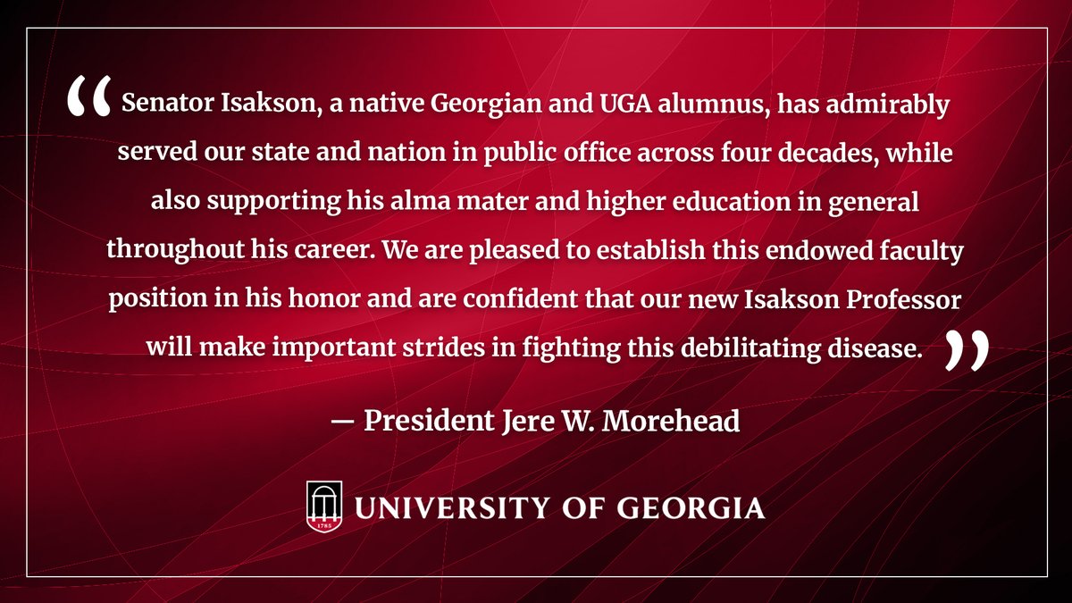 universityofga's tweet photo. UGA raises $1.6 million to date to study Parkinson’s, establishes John H. “Johnny” Isakson Chair for Parkinson’s Research  https://t.co/sZoOobEWqs https://t.co/JenWxZEssz