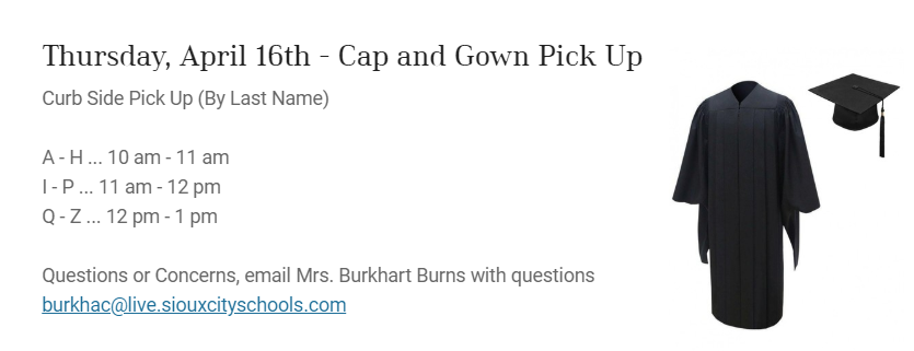 Seniors - Cap and Gown pick up info is below. Check it out!
@BlackRaidersEHS <a href="/GEARUPSiouxCity/">GEAR UP Sioux City</a>
