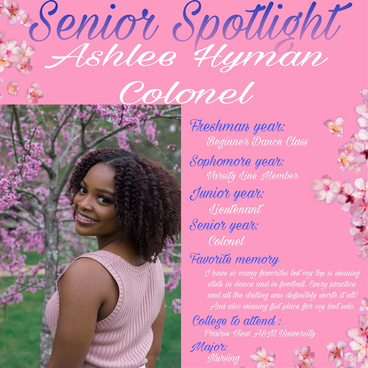 Our Senior Spotlight of the day goes to our Colonel, Ashlee Hyman! Your sweet leadership, example, and commitment to greatness is exactly what we needed this year! Thank you for always motivating us, inspiring us, and sharing your talents with our team! We love you ASHLEE! 💙✨