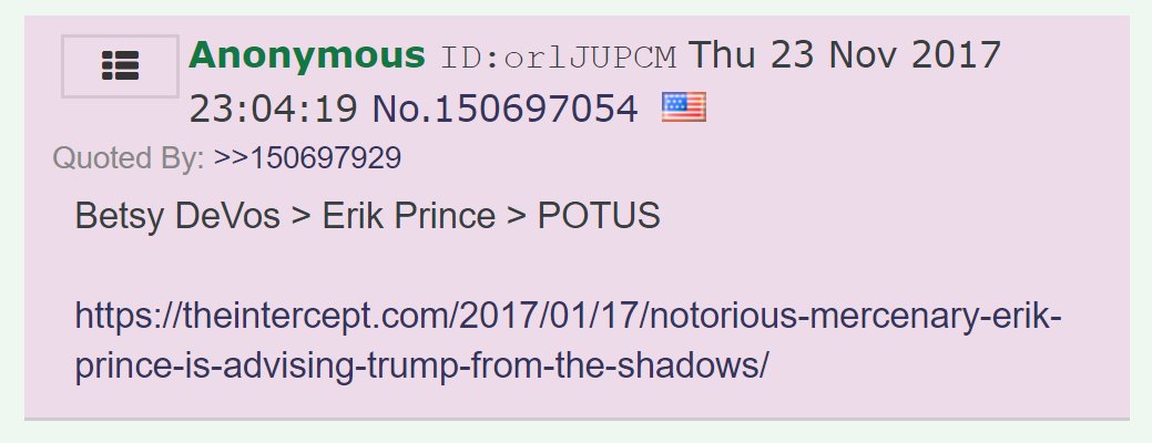 32) An anon replied with a flowchart showing how DeVos and her brother Erik Prince were connected to POTUS.