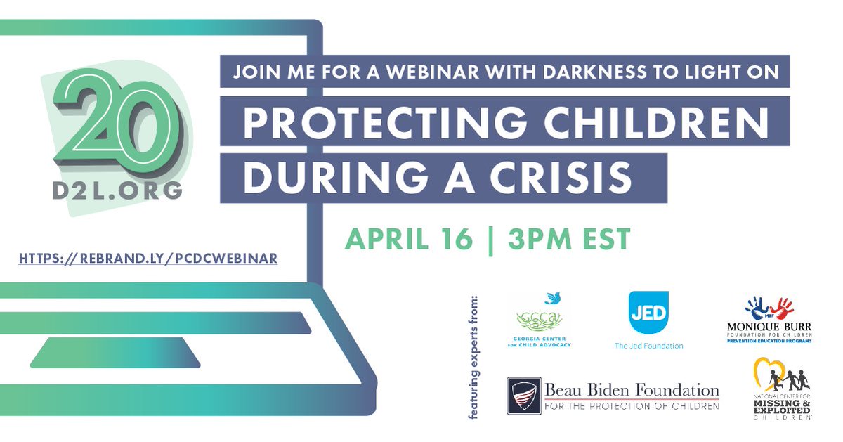 Darkness2Light's tweet photo. Join us for a #webinar! We're hosting a discussion with our friends @MissingKids, @jedfoundation, @BeauBiden, @MBFChildSafety, @GACFCA on what it looks like to continue to protect kids, even in crisis. #Covid19 
Thursday 4/16 at 3 PM EST - Register here: https://t.co/q2Kjacg4Xb https://t.co/kb0kZGw7TF