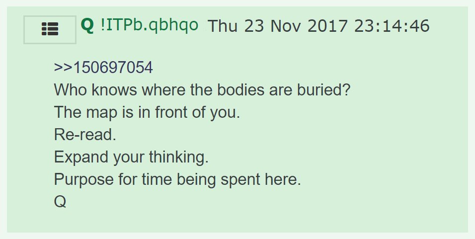34) Q's reply suggested Prince knows where the bodies are buried (he has compromising information on corrupt people.)Q asked anons to re-read the "map."The map is a collection of all of Q's posts.