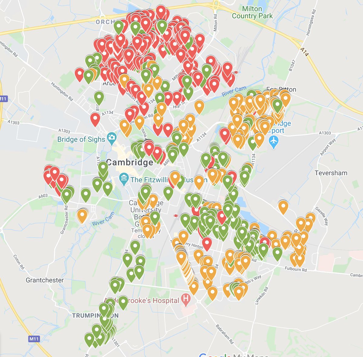 This is a map of trees that  @camcitco has planted recently in the city's parks and streets - red ones in the last few months. You can zoom into your neighbourhood at  https://www.google.com/maps/d/viewer?mid=1OZPNpZuMcvWDY7cs2KBeNtyu2mEx-5Ma&ll=52.20075019431591%2C0.15697876233389252&z=13