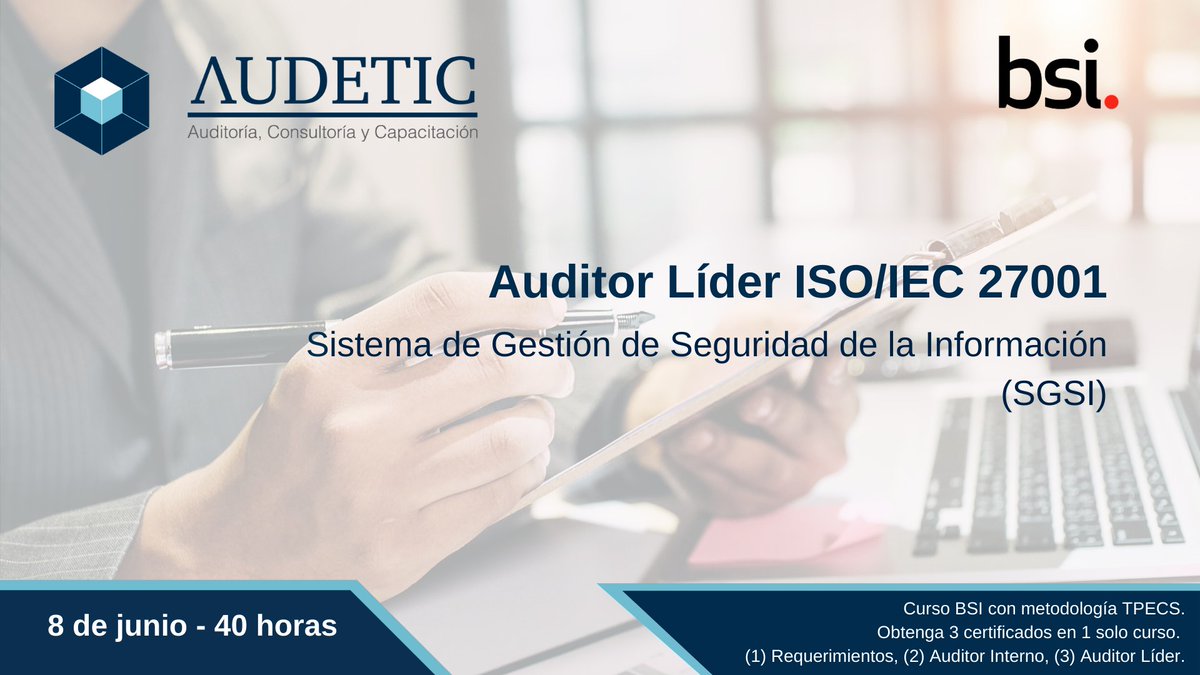 Audetic's tweet photo. 📣 ¡Certifíquese como Auditor Líder ISO/IEC 27001!

Curso oficial del #BSI, impartido con metodología #TPECS, obtenga 3 certificados en 1 solo curso, (1) Requerimientos, (2) Auditor Interno y (3) Auditor Líder. 

✉️Inscripciones en: info@audetic.ec

#27001 #SGSI #Ecuador #Audit https://t.co/qVWSEoPAu6