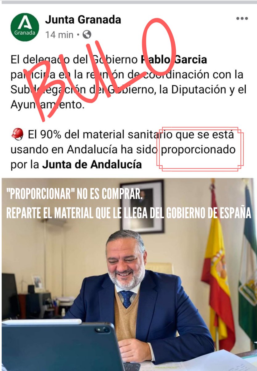 Dice el Delegado del Gobierno que el 90% del material sanitario lo "proporciona" la Junta de Andalucía, y lleva razón, porque "proporcionar" no tiene nada que ver con "comprar".

El que lo compra es el Gobierno de España, y se lo entrega a la Junta para que lo reparta. Qué cara!
