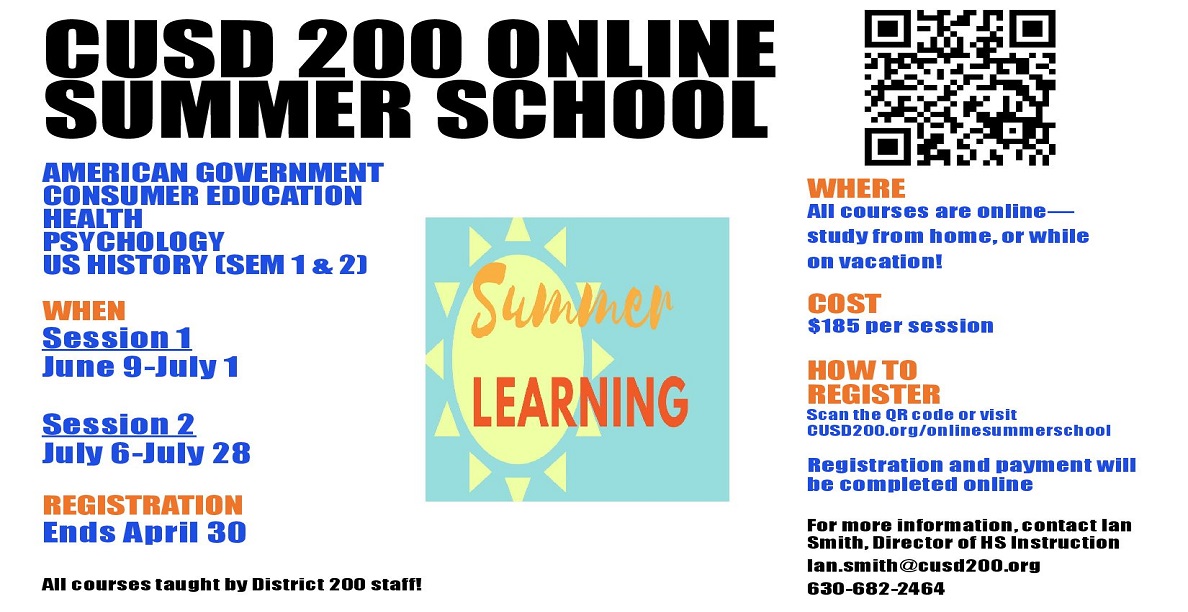 ismithcusd200's tweet photo. District 200 Students--Now is the time to register for Online Summer School.  Courses are available in a variety of subjects, but some have limited seating, so don't wait!  Registration ends April 30! https://t.co/YVseviIimu #YourCommunitySchools https://t.co/EbJsSHl06V