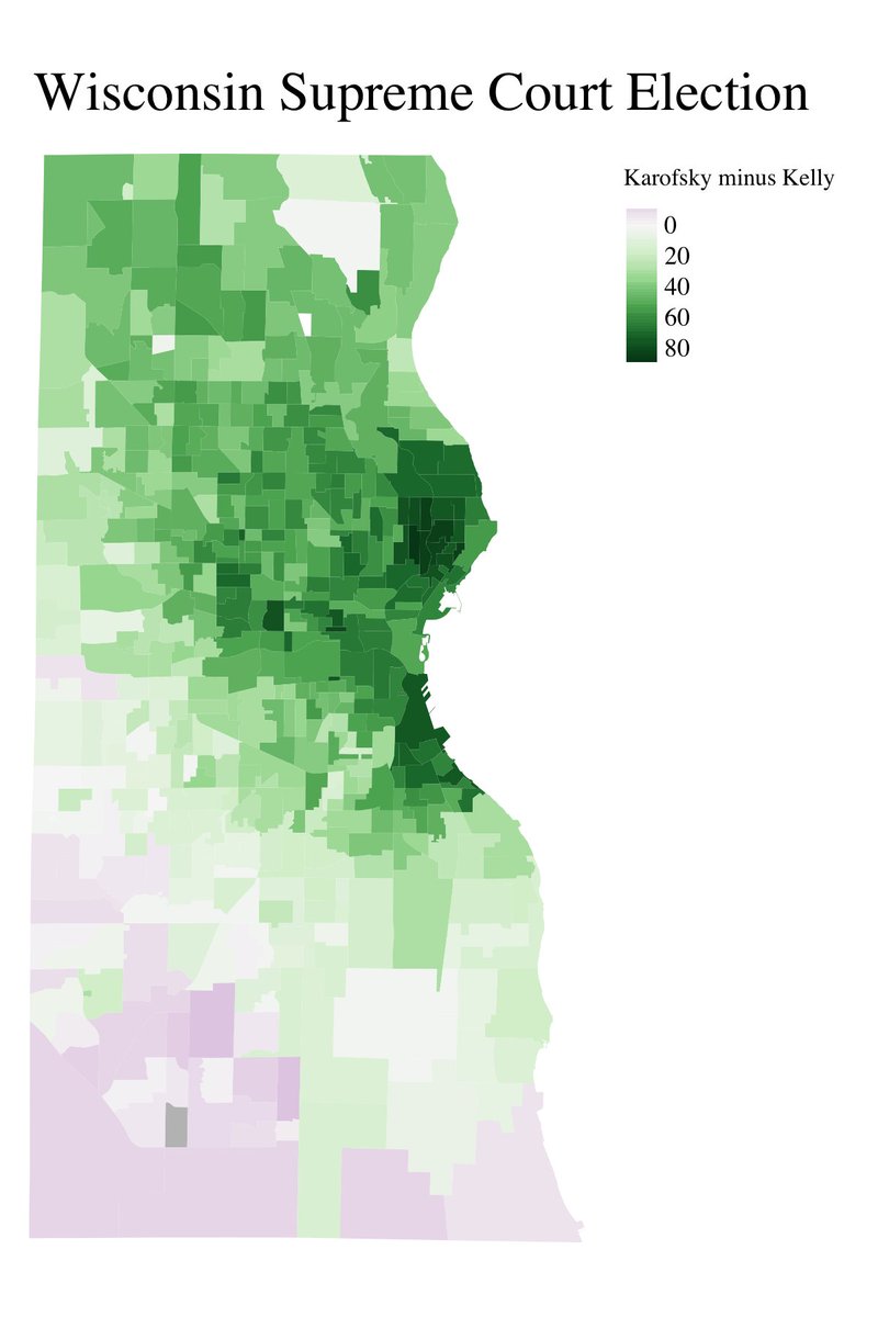 thread of Milwaukee County Spring 2020 election mapsFirst up, Wisconsin Supreme Court. The places Karofsky won are in Green. Purple shows were Kelly won.