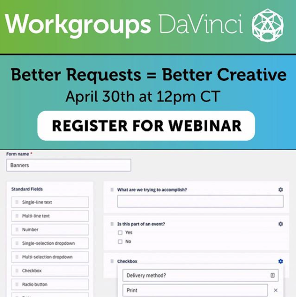 workgroupsdv's tweet photo. Don’t let vague project requests slow down your work. Join our webinar on Workgroup DaVinci's world-class Intake Form. Gone are the days of clarification requests. 

April 30th at 12pm CT

Register here: https://t.co/OzzhjVlZKe

#intake #requests #projectmanagement https://t.co/ytlCdnSdXV