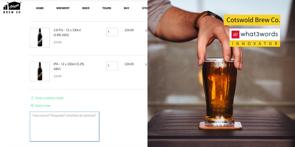 Cotswold brew co. check out page asking for what3words address. Pint of lager on right.