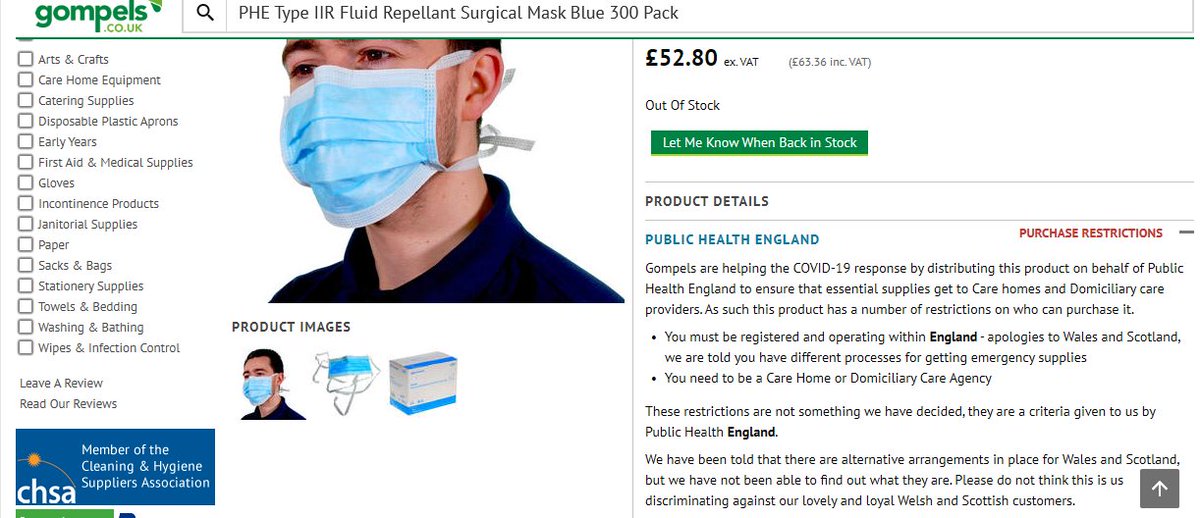 UK Govt says Public Health England didn't 'gazump' Wales on tests and isn't blocking Welsh care homes from buying PPE. Yet this is the message you see right now if you try and buy face masks from the UK's main supplier. Someone is not being straight with us.