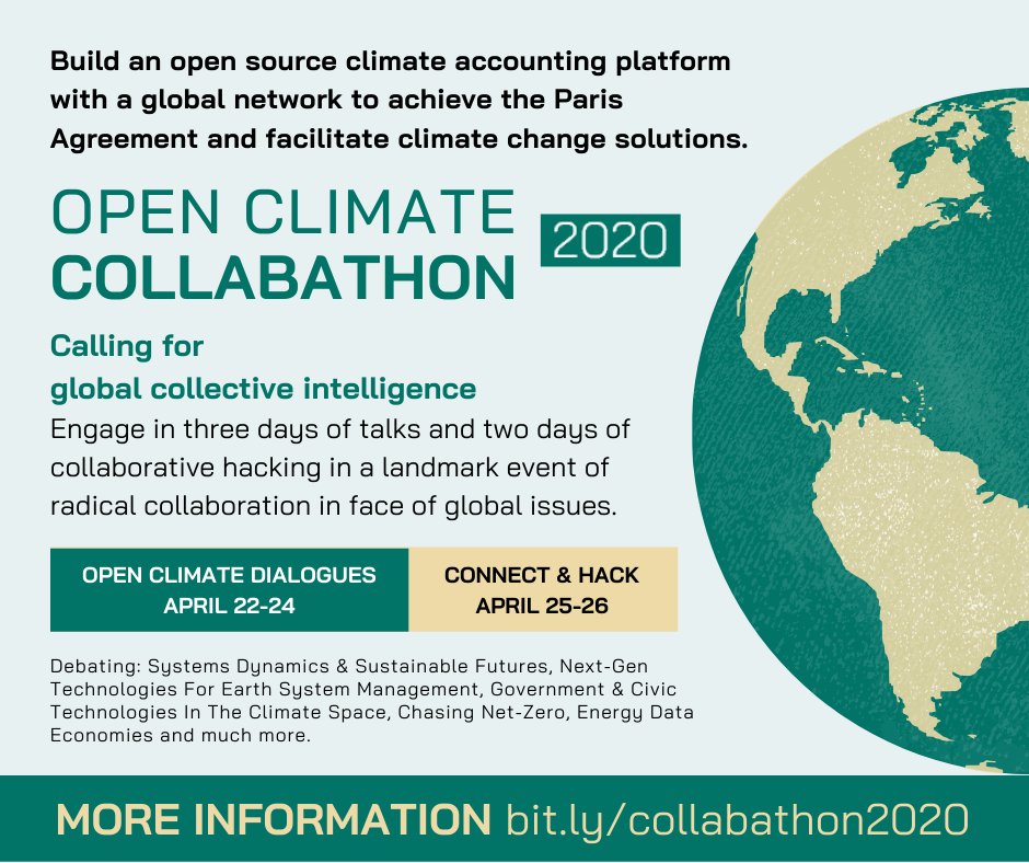 Celebrate Earth Day by collaborating to facilitate climate change solutions! Join us online next week for Open Climate Dialogues and Connect &amp; Hack
Learn more: bit.ly/collabathon2020 

#RadicalCollaboration #EarthDay #OpenClimateCollabathon