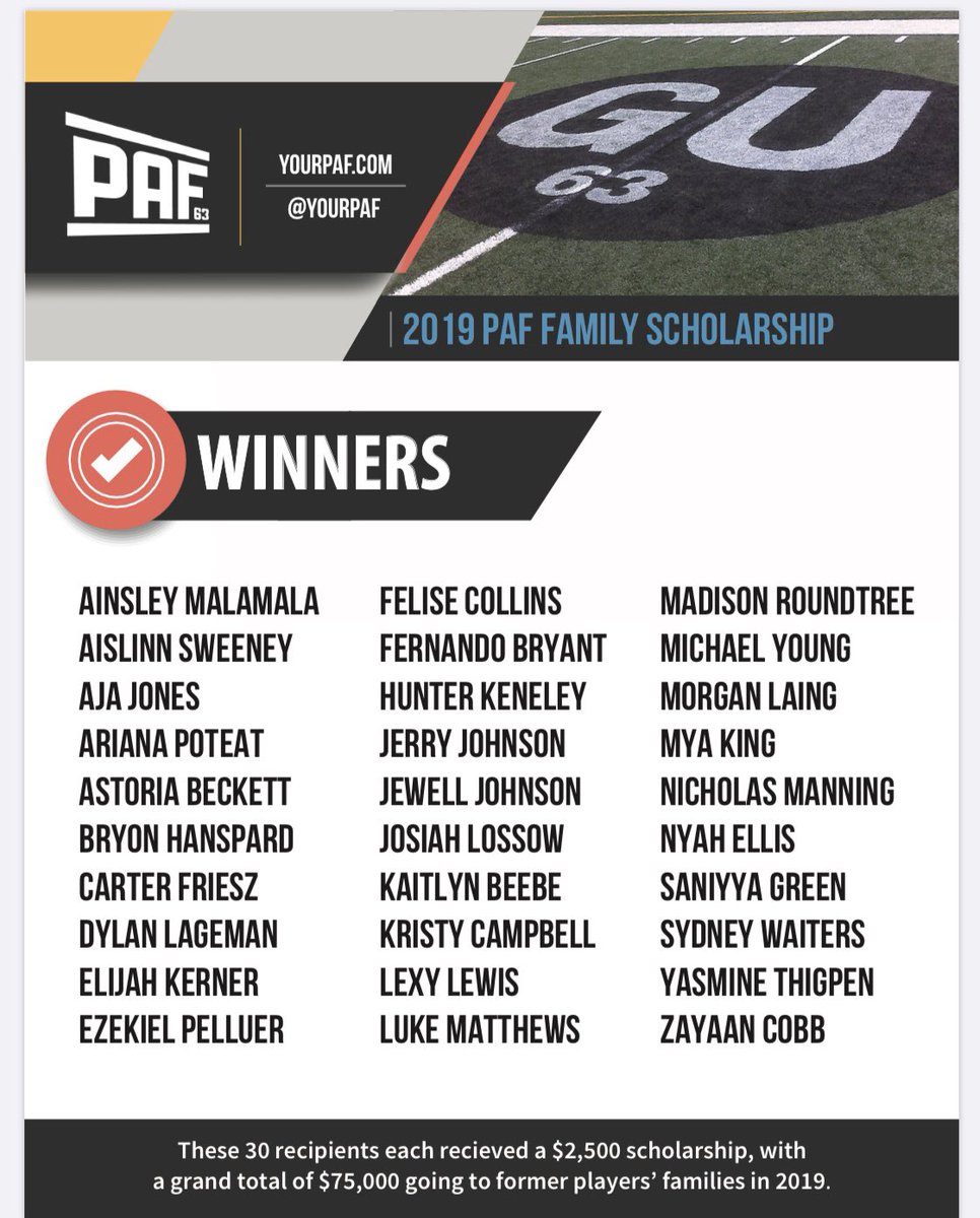 yourPAF's tweet photo. @NFLPAFmrPlayers — don’t forget the deadline to submit PAF Family Scholarships is May 1st! We awarded 75k in 2019 to future collegiate  athletes who were also children of former NFL players. #yourPAF https://t.co/ZTPIWvujQS