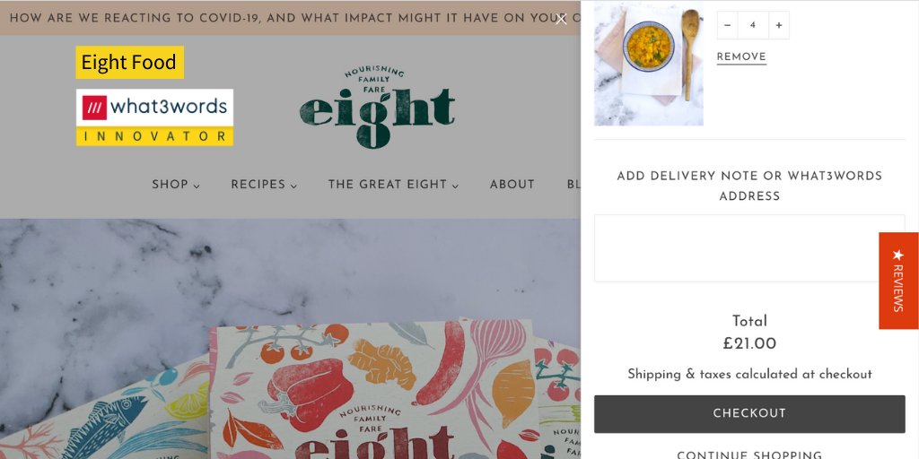 Eight Food's online check out asking for a what3words address in delivery notes.